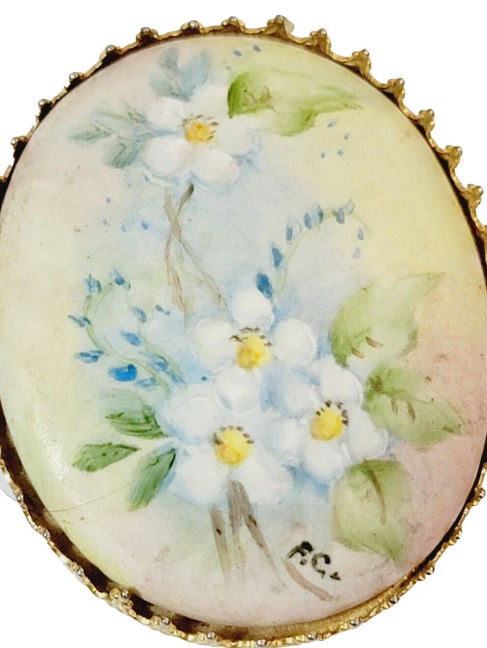 Handpainted Floral Porcelain Brooch‎ Pin Bue Flowers Oval Signed Artisan fb1-106